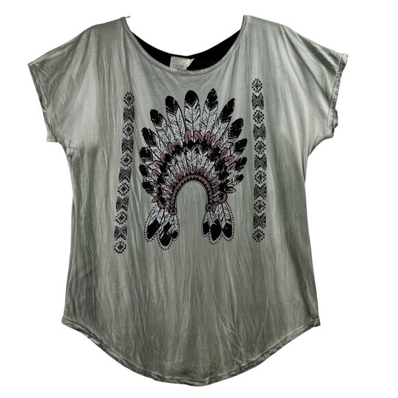 Vocal California Women L Embellished Feather Graphic Tee Racerback Moto USA Made - Picture 1 of 12